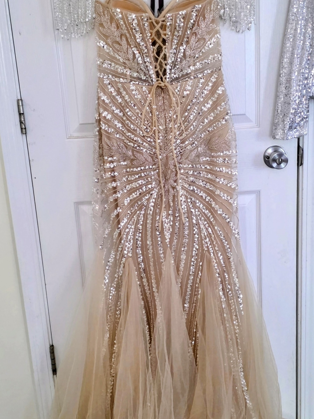 Strapless Sequined Champagne Evening Gown - Picture 2 of 5